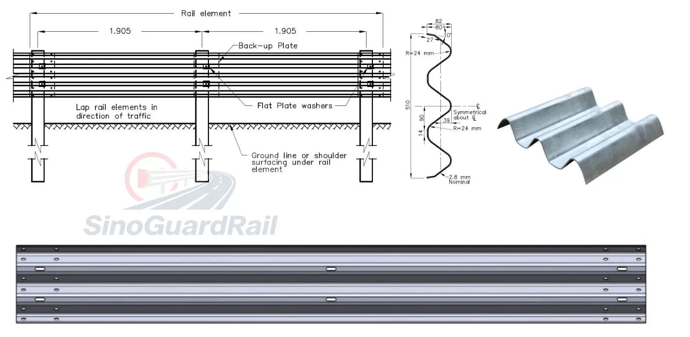 Example W-beam guardrail layout drawing showing posts, rail laps, splice locations and profile
