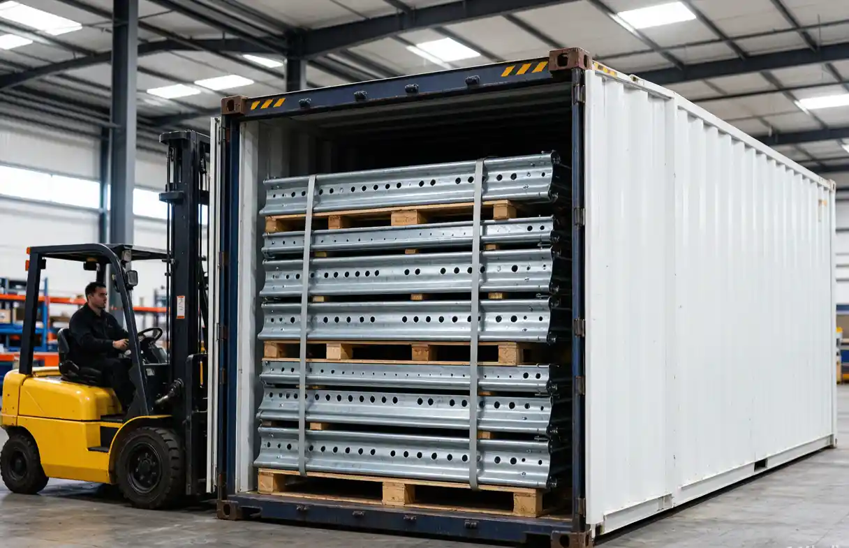 W-beam guardrail container loading optimization inside a 40HQ shipping container with galvanized bundles, steel strapping and wooden pallets