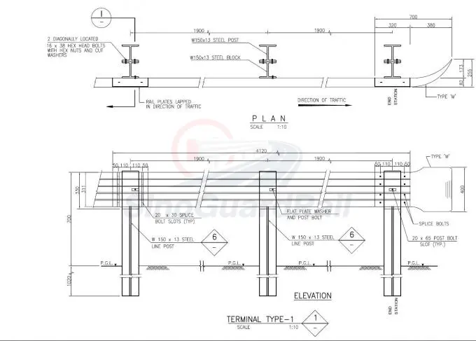 Highway guardrail terminal plan and elevation drawing showing rails posts spacers and fasteners