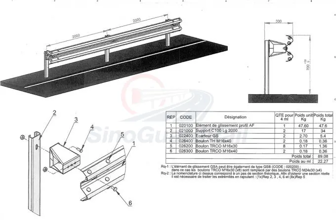 Guardrail post rail and spacer assembly drawing with component callouts