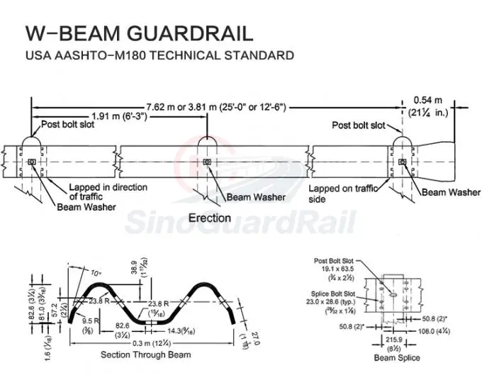 W-beam guardrail technical assembly drawing showing rail panels post bolt slots splices and posts