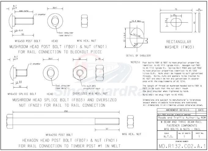 Engineering drawing of guardrail mushroom-head splice bolts, post bolts, hex nuts and rectangular washers