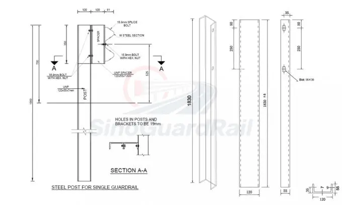 Steel post drawing for a single highway guardrail showing post connection and hole positions