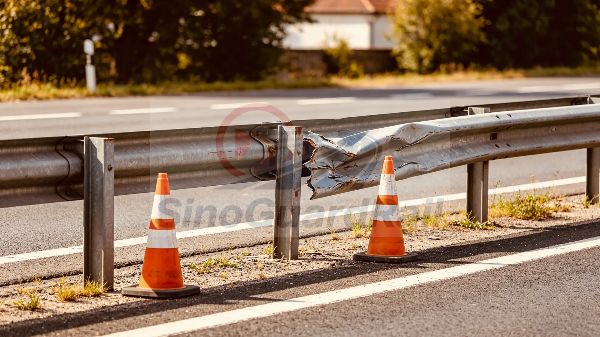 Illustrative post-impact inspection scene with a bent W-beam guardrail, leaning post and traffic cones