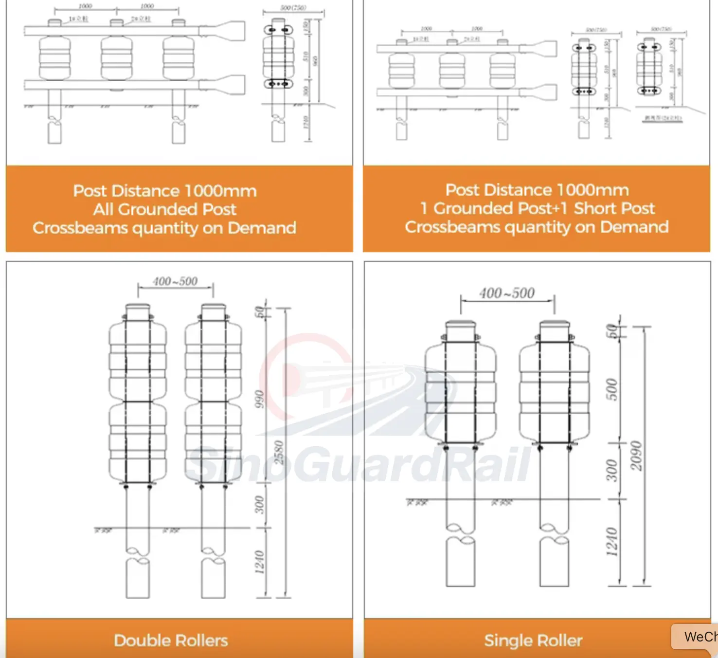 Roller barrier 1000 millimeter post spacing and roller arrangement drawing