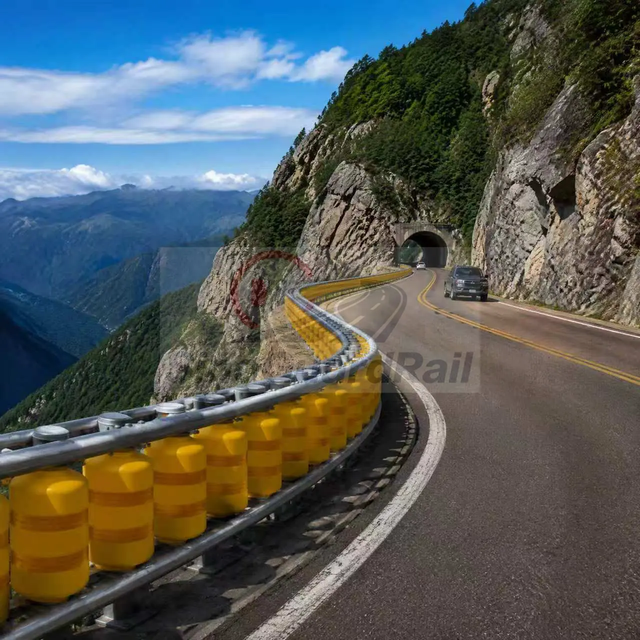 Roller barrier installed on a mountain road curve