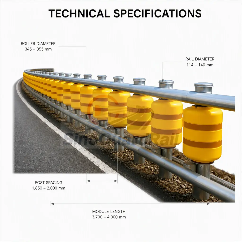 Roller barrier technical specifications including roller diameter, rail diameter, post spacing and module length