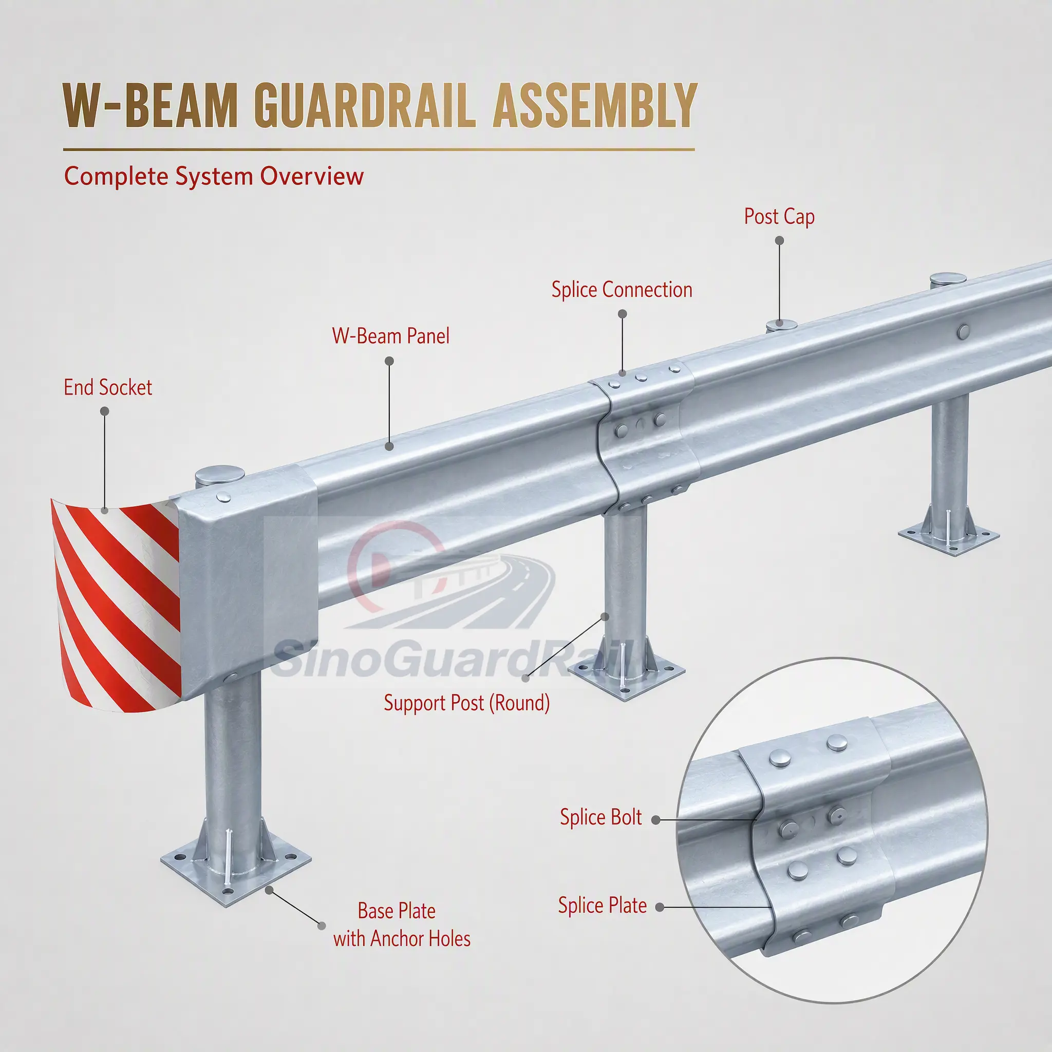 W-beam guardrail assembly with beam panel, splice connection, support posts and bolts