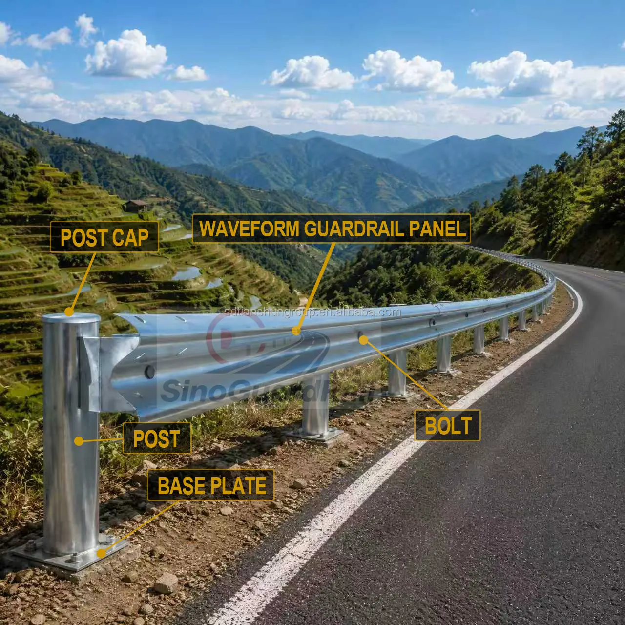 Highway guardrail panel with post, post cap, base plate and bolt parts